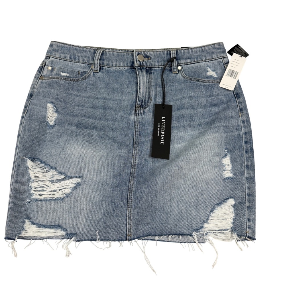Liverpool Los Angeles Distressed Denim Mini Skirt Evanston Blue Size 6 MSRP $68